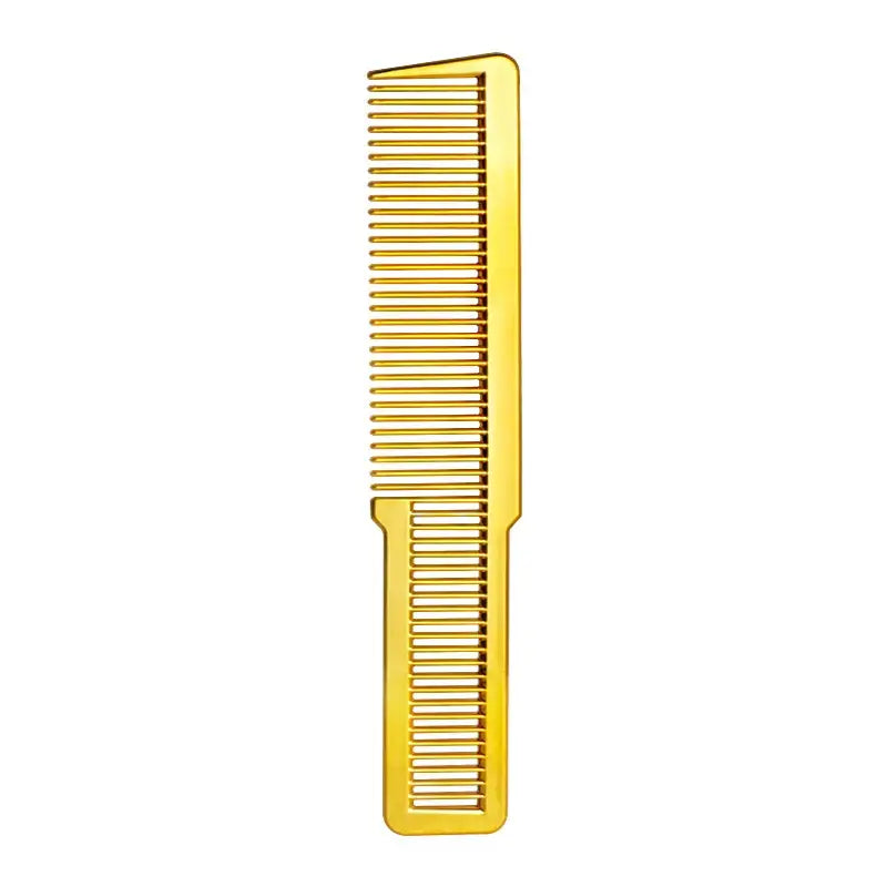 Yellow plastic hair comb with fine teeth.