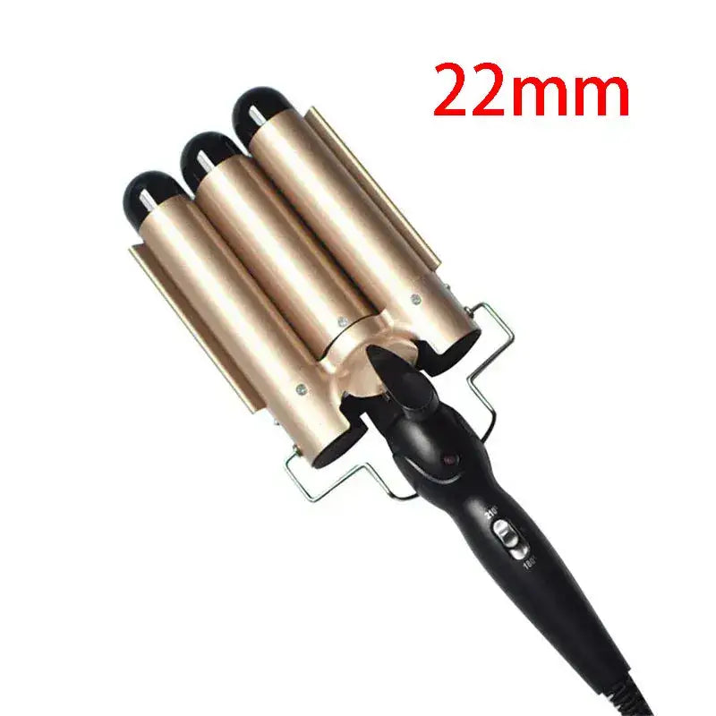 Triple-barrel hair curling iron with a black handle and gold-colored barrels, labeled ’22mm’ in red text.