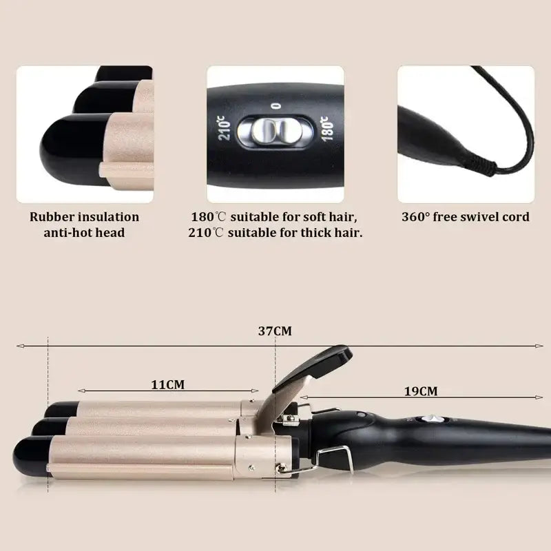 Hair curling iron with adjustable temperature settings and swivel cord.