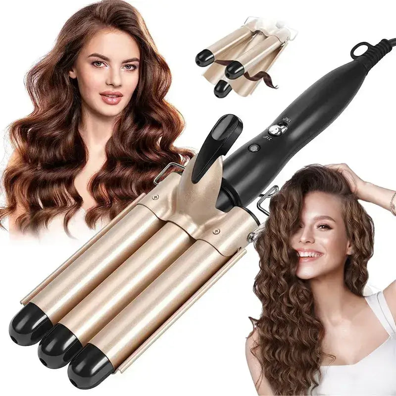 Triple-barrel hair curling iron with gold-colored barrels and a black handle.