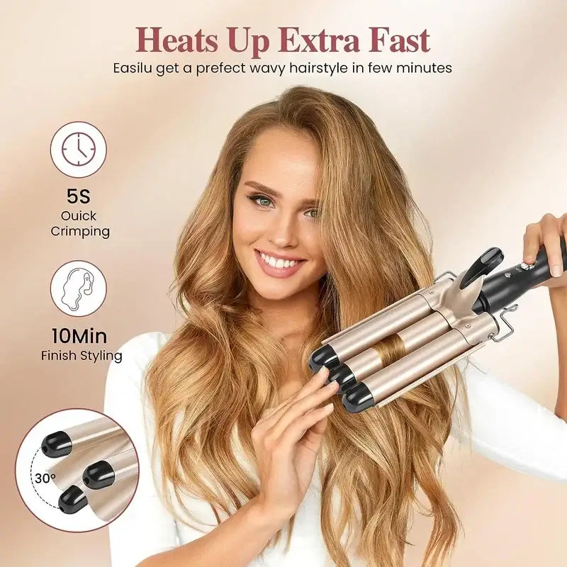 Hair styling tool with multiple attachments for creating wavy hairstyles quickly.