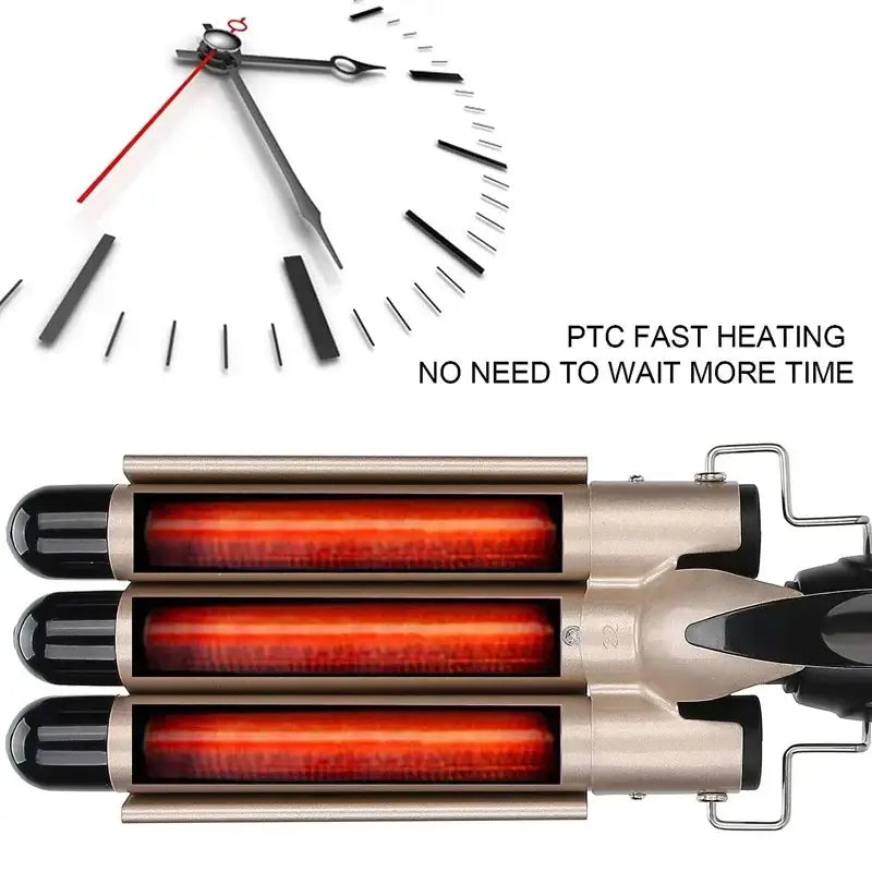 PTC fast heating device with three glowing heating elements arranged in parallel tubes.