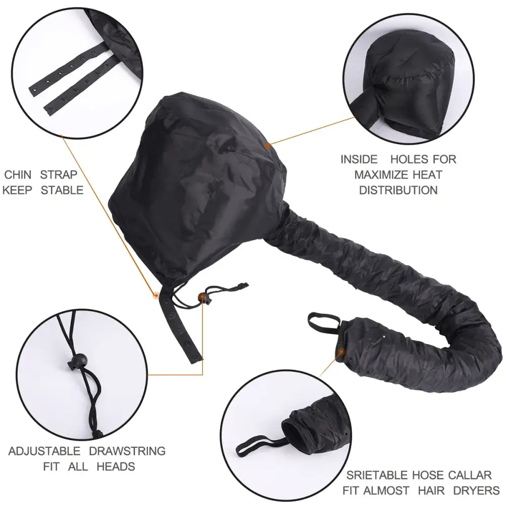 Portable hair dryer bonnet with adjustable features and flexible hose attachment.