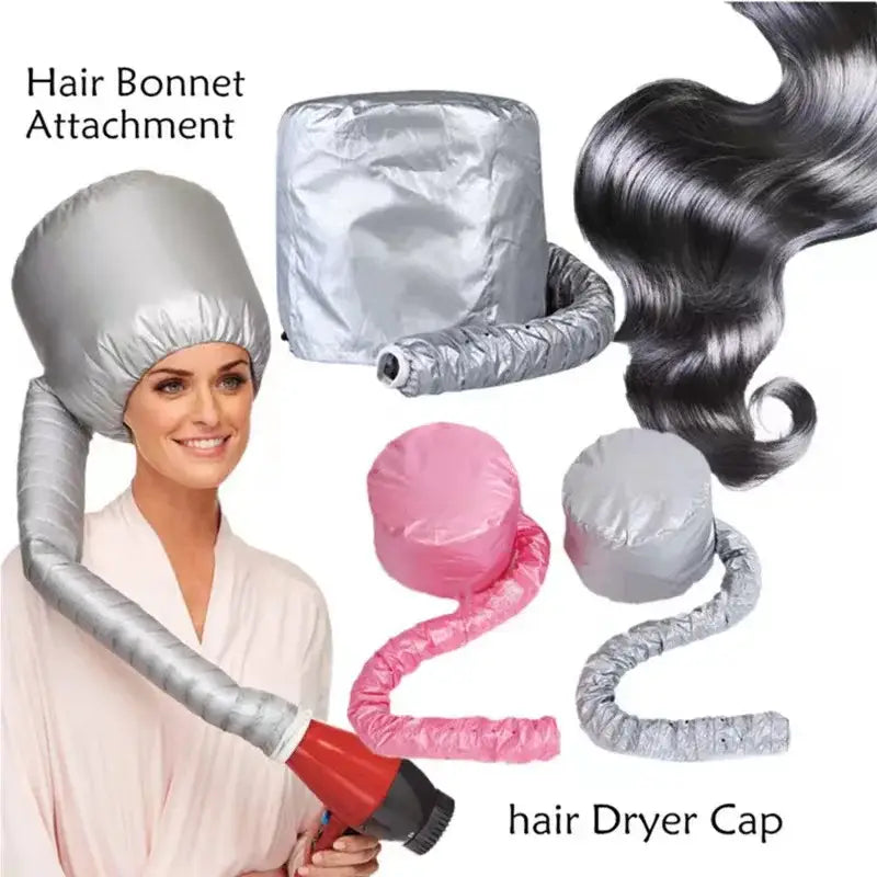 Hair bonnet attachment for a hair dryer, shown in various colors and on a model.