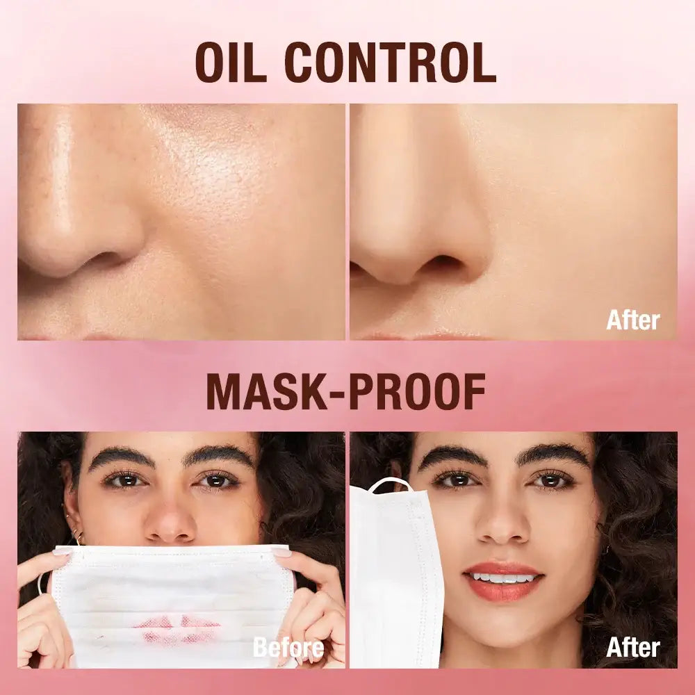 Advertisement for skincare products highlighting oil control and mask-proof makeup.