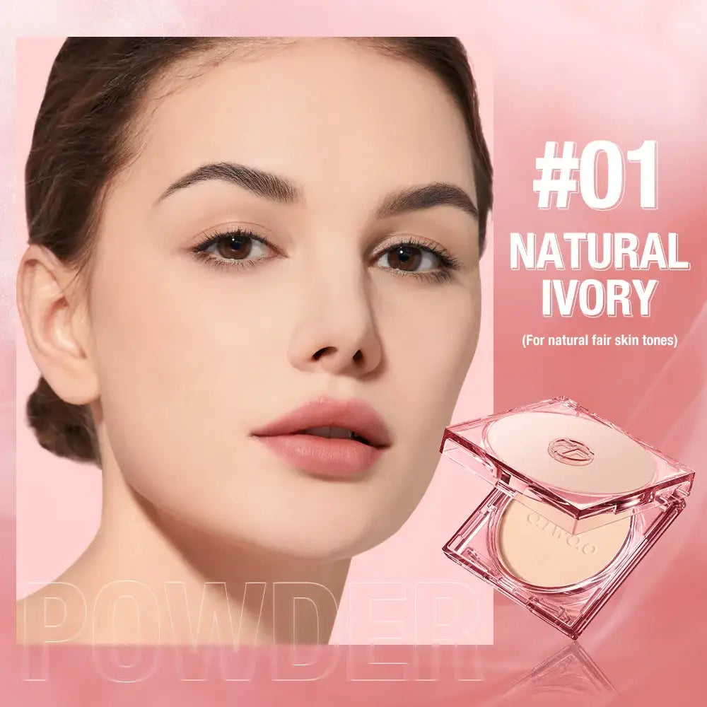 Close-up portrait of a woman’s face with natural-looking makeup next to a compact powder product.