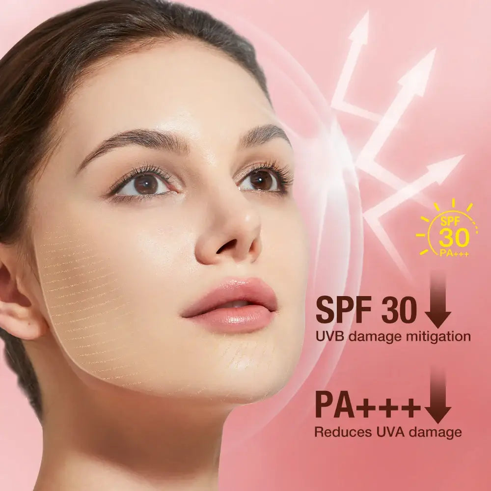 Close-up portrait of a woman’s face with flawless skin against a pink background, advertising SPF 30 sunscreen and UVA protection.