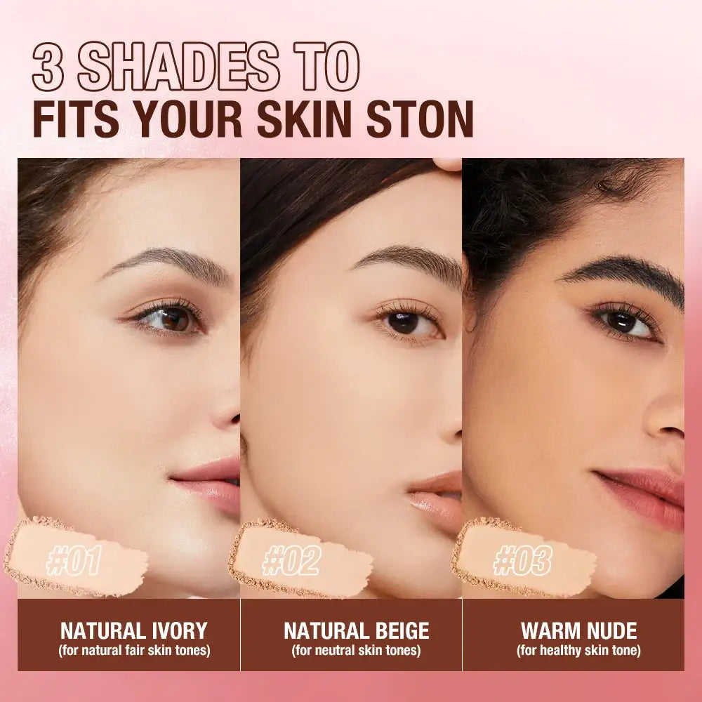 Makeup advertisement showing three different foundation shades matched to skin tones.