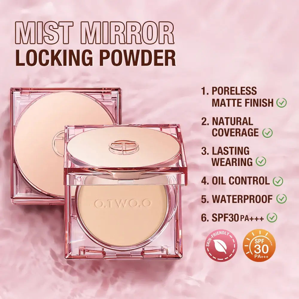 Compact powder makeup product in a square pink case with ’Mist Mirror Locking Powder’ branding.