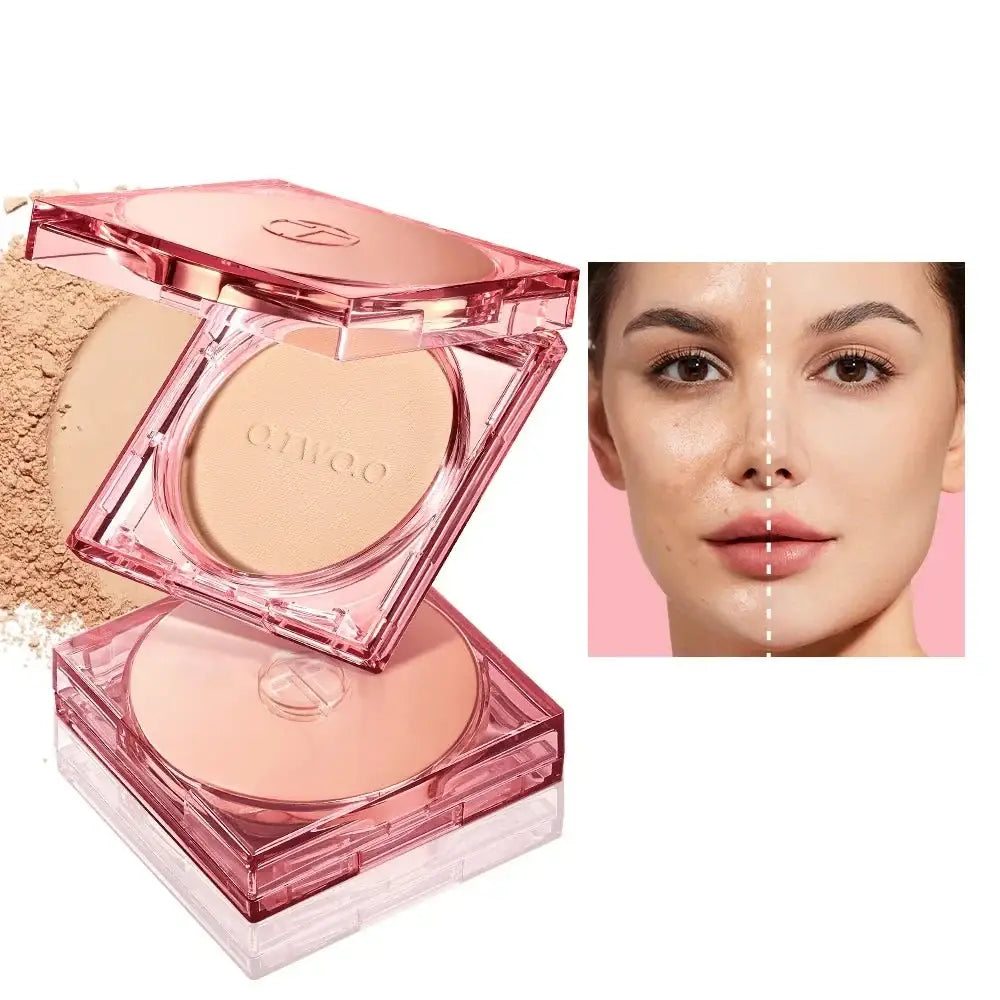 Pink compact powder case with a transparent lid, displaying pressed powder inside.