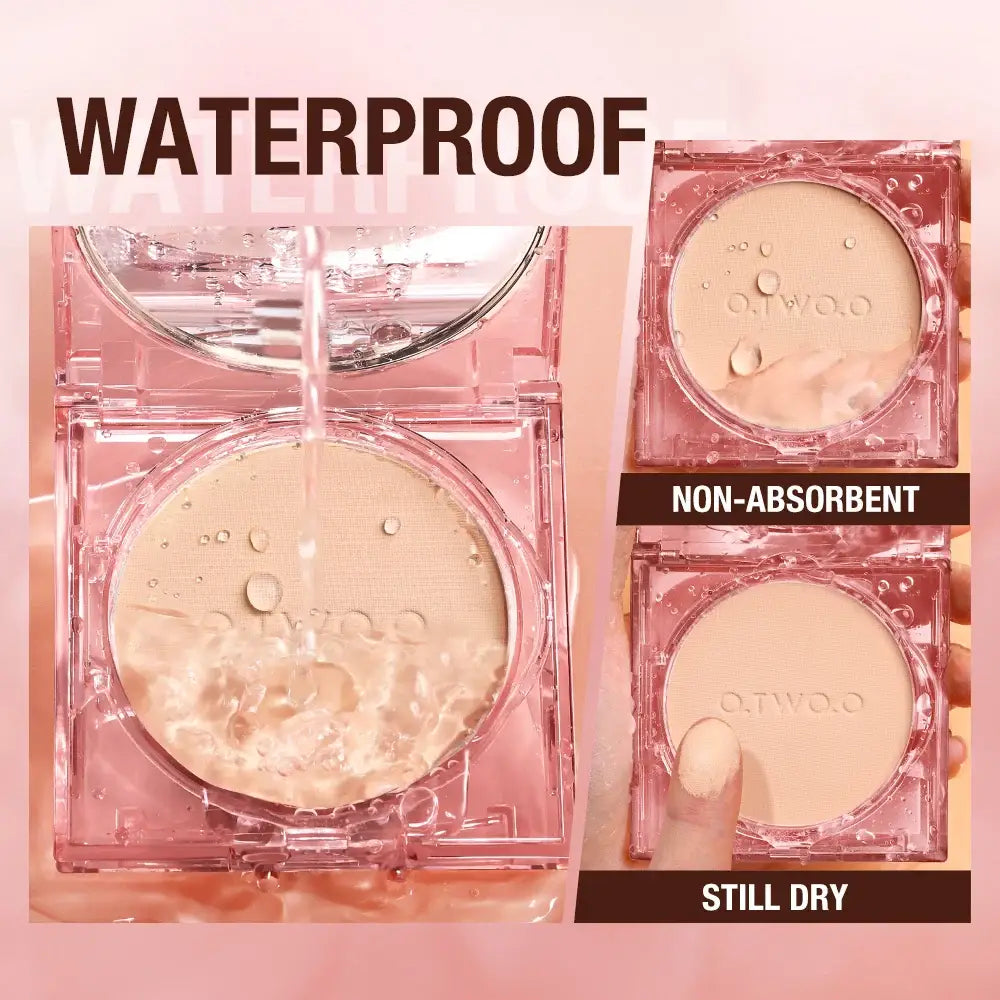 Waterproof makeup compact with three panels showing different states of water resistance.