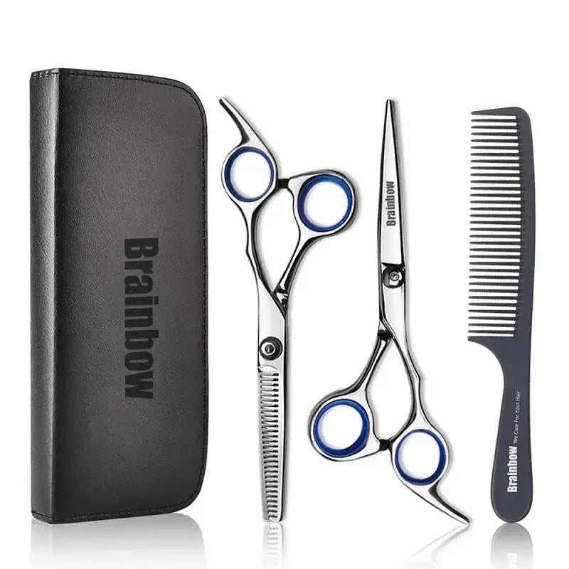 Professional hair cutting scissors set with comb and carrying case.