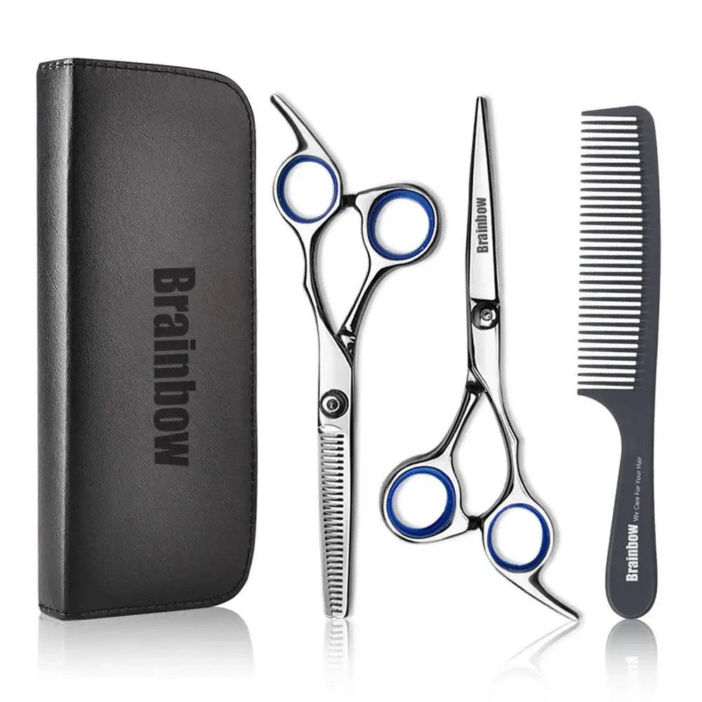 Professional hair cutting scissors set with comb and carrying case.