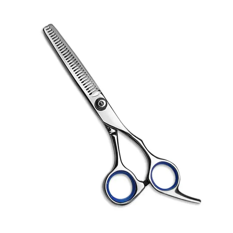 Professional hair thinning scissors with blue-accented finger rings.