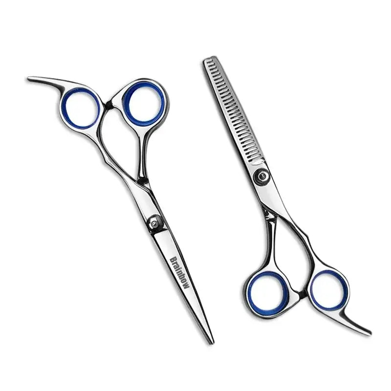 Professional haircutting scissors with blue-accented handles.