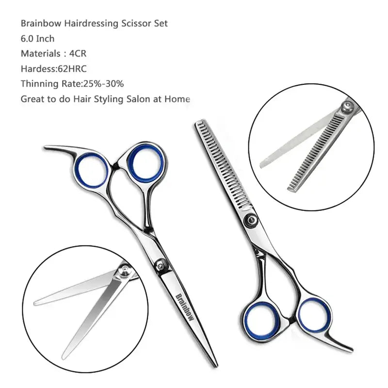 Professional hairdressing scissors with blue accents and detailed close-up views.