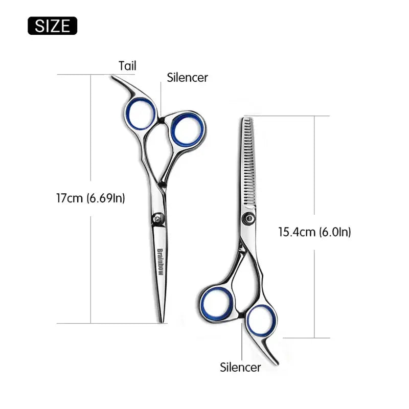 Professional haircutting scissors with blue accents on the finger rings.