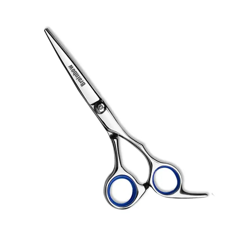 Professional hair cutting scissors with blue-ringed finger holes.