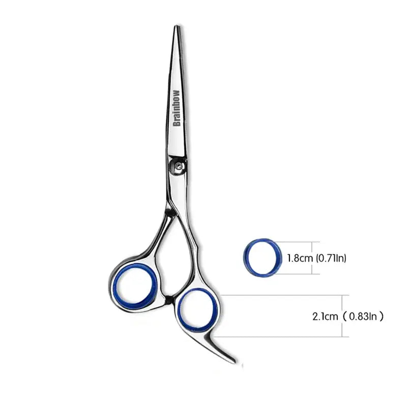 Professional hair-cutting scissors with blue-ringed finger holes and measurement annotations.