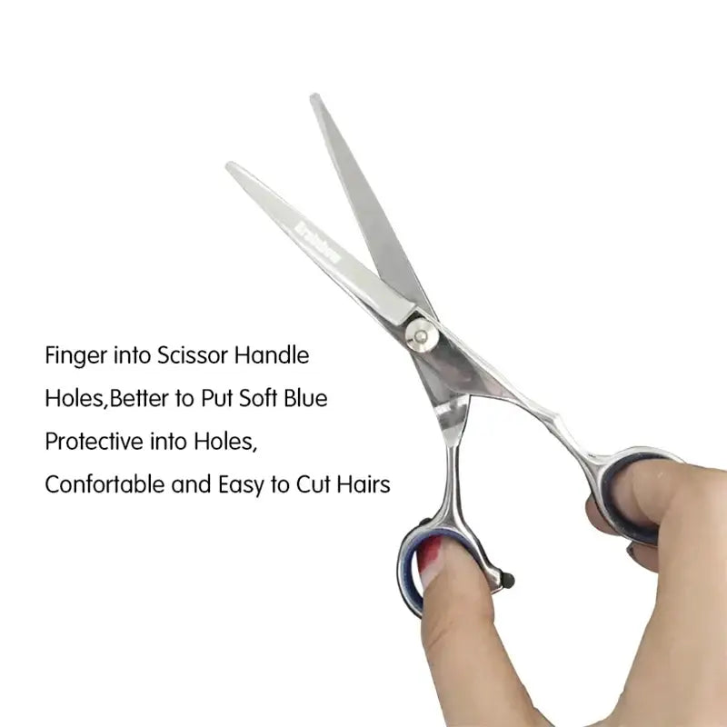 Pair of silver hair-cutting scissors with finger holes in the handles.