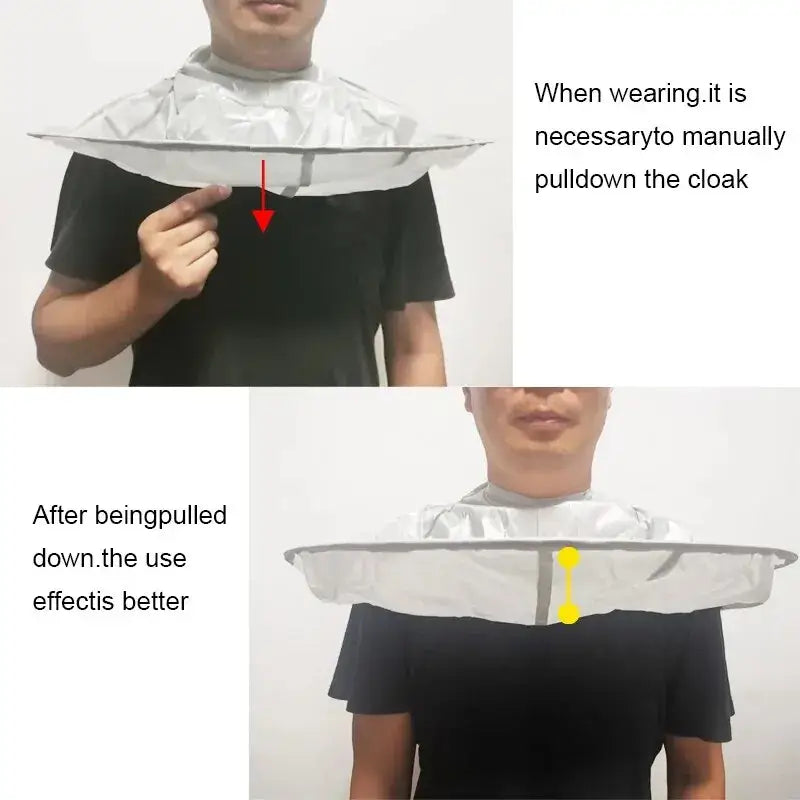 Transparent plastic collar or bib-like protective covering worn around the neck.