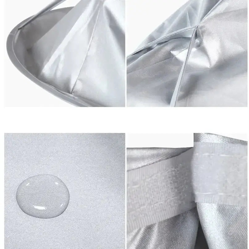 White fabric with water-resistant properties, shown in close-up details of its texture and a water droplet beading on its surface.