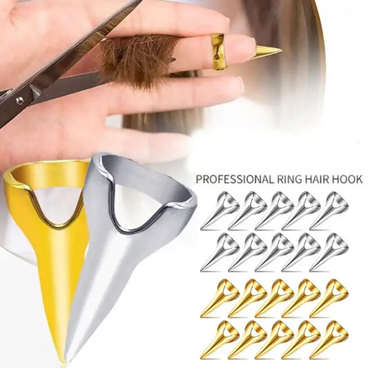 Professional ring hair hook for cutting hair, shown in gold and silver versions with multiple small hook attachments.