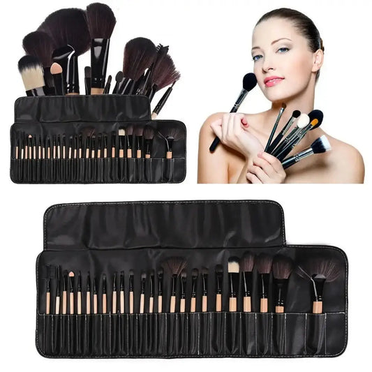 Set of professional makeup brushes in a black carrying case.