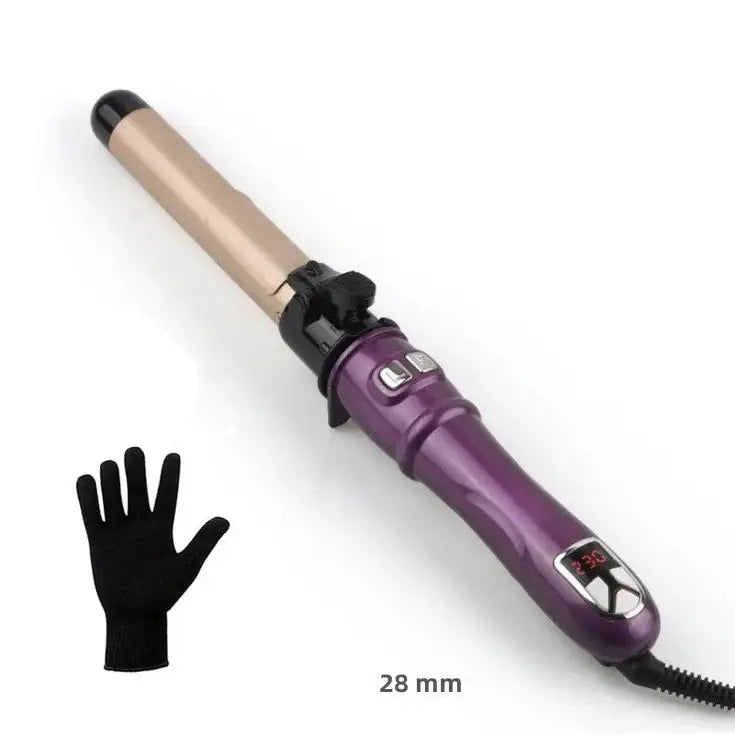 Purple and gold curling iron with a 28mm barrel and accompanying black heat-resistant glove.