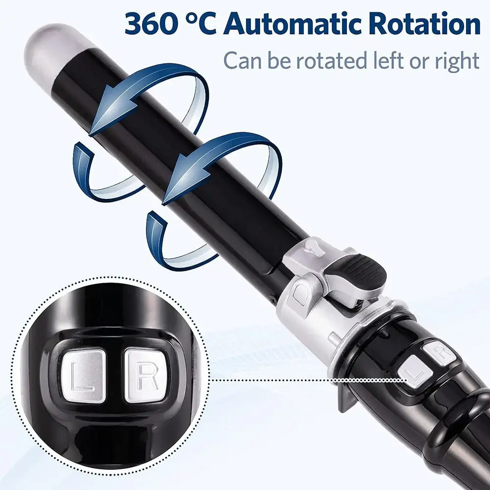 Automatic rotating curling iron with 360-degree rotation capability and temperature controls.