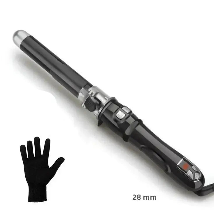 Curling iron with a black handle and metallic barrel.