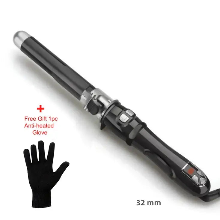 Cylindrical black hair curling iron with digital controls and a silver tip.