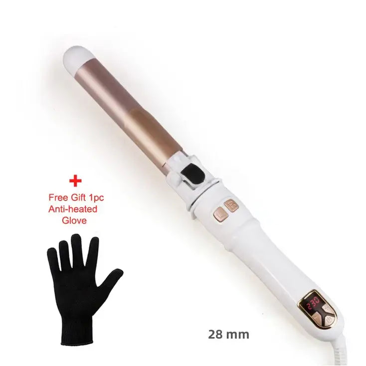 Curling iron with digital temperature display and a metallic gold-toned barrel.