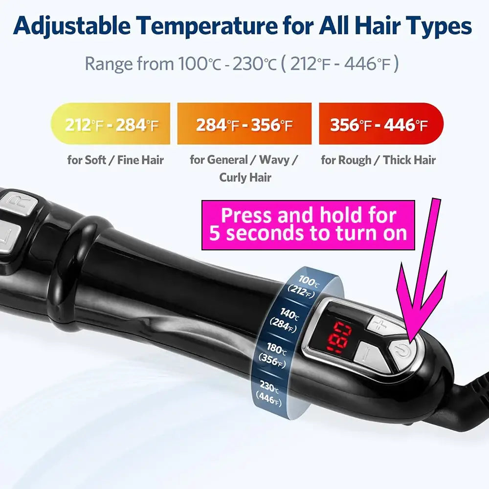 Hair styling tool with adjustable temperature settings for different hair types.