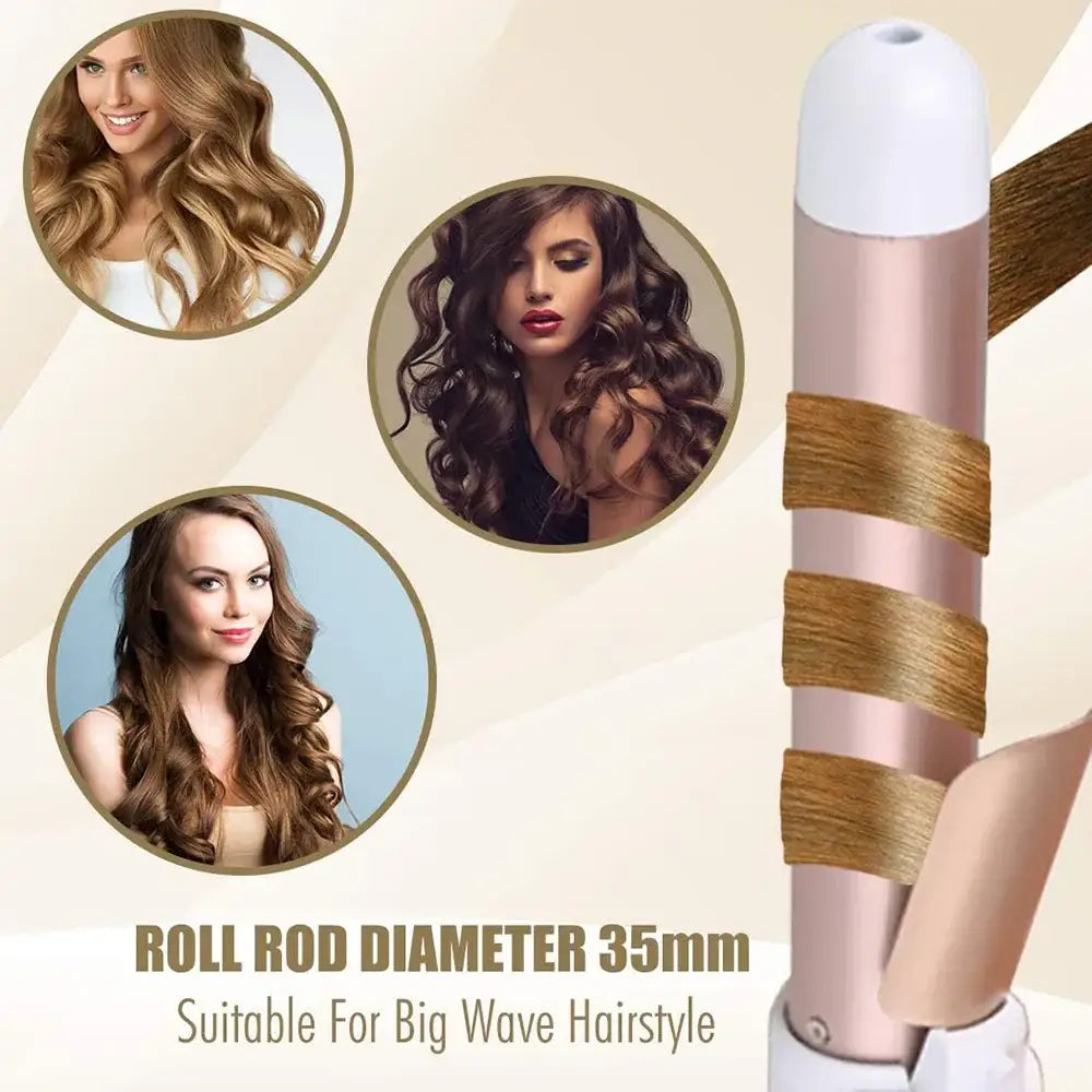 Hair curling wand with a 35mm diameter barrel for creating big waves.