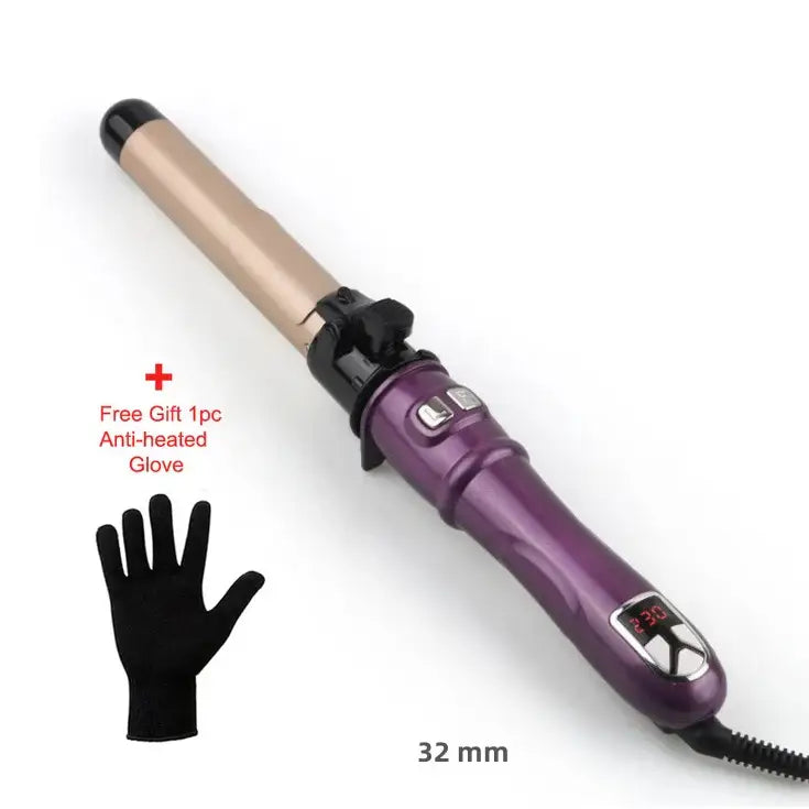 Curling iron with a purple handle and gold-colored barrel, accompanied by a black heat-resistant glove.