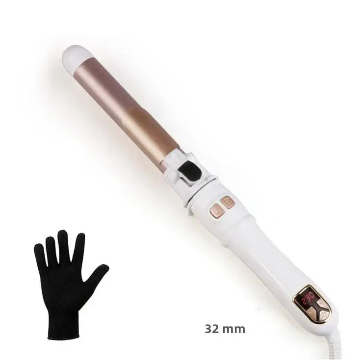 Curling iron with a white handle and metallic barrel.