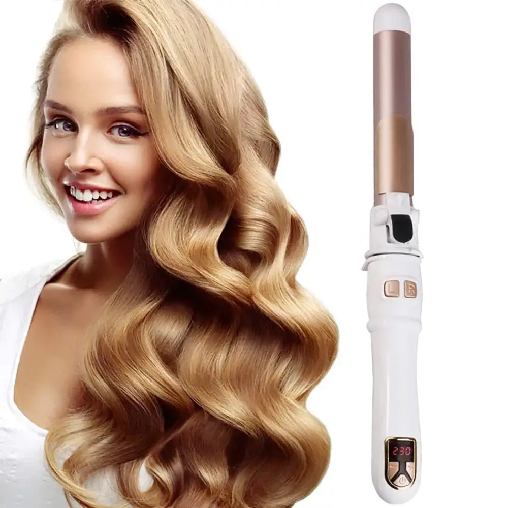 Curling iron with a white and rose gold handle.