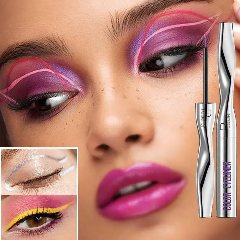 Close-up of vibrant eye makeup featuring purple and pink eyeshadow with a dramatic winged eyeliner.