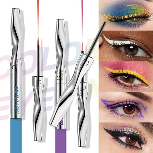 Colorful eyeliner applicators with twisted metallic handles alongside eye makeup examples.