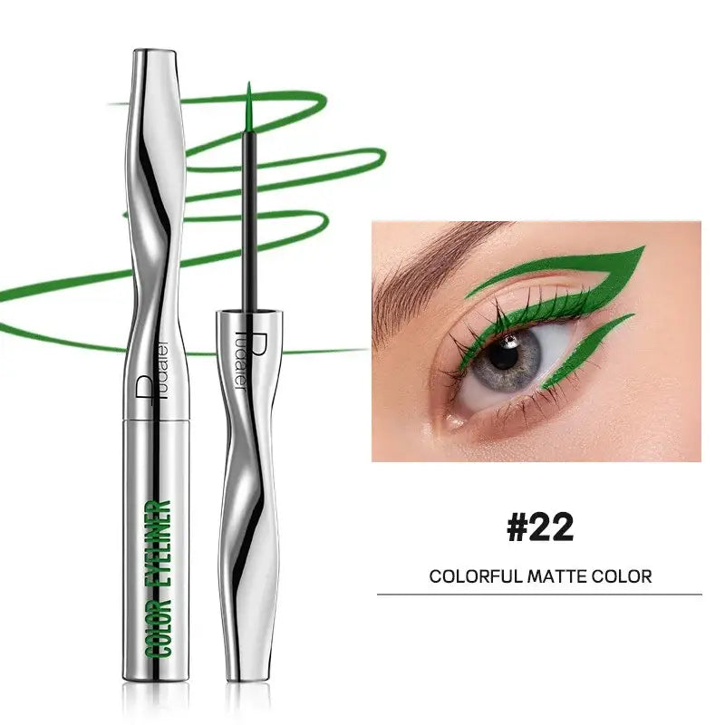 Green liquid eyeliner with a metallic applicator wand.