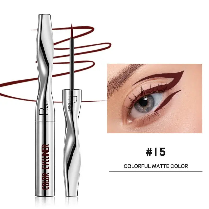 Liquid eyeliner pen with a metallic silver body and burgundy accents.