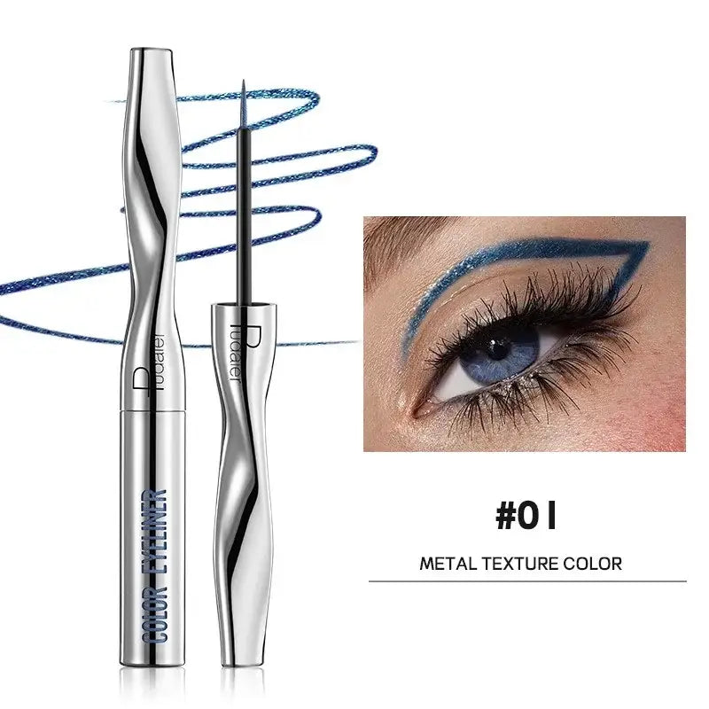 Metallic blue liquid eyeliner with a sleek silver applicator wand.