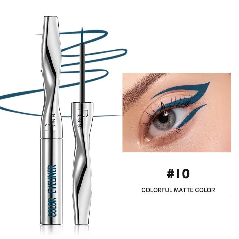 Metallic eyeliner pen with a curved, ergonomic design and blue spiral detailing.