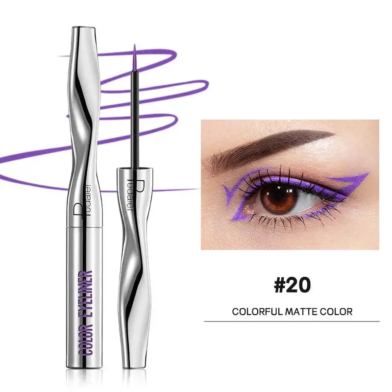 Metallic eyeliner pen with purple spiral design and accompanying eye makeup example.