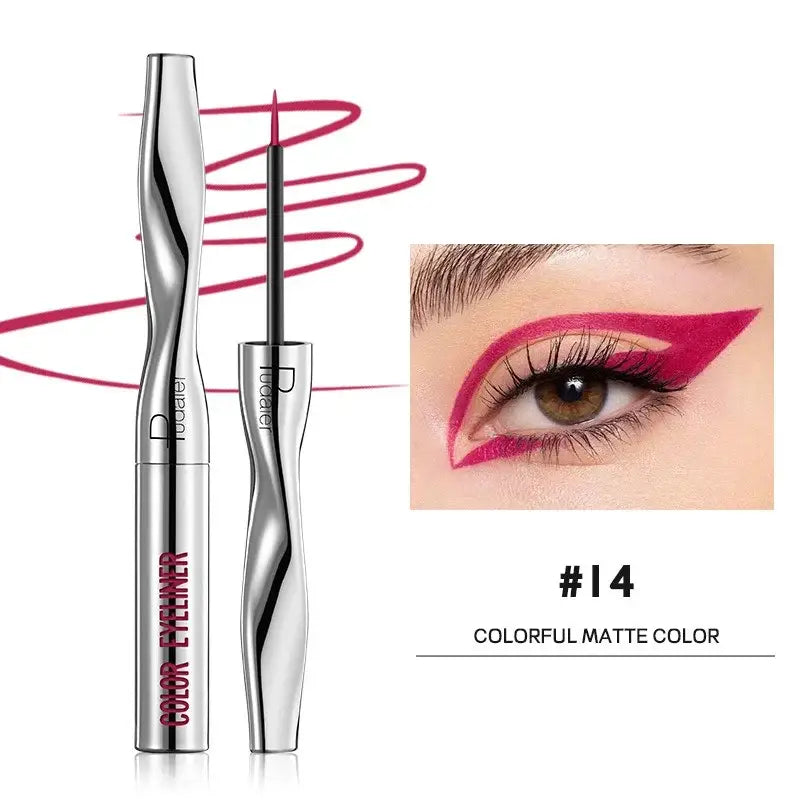 Metallic eyeliner pen with a curved, ergonomic design and pink accents.