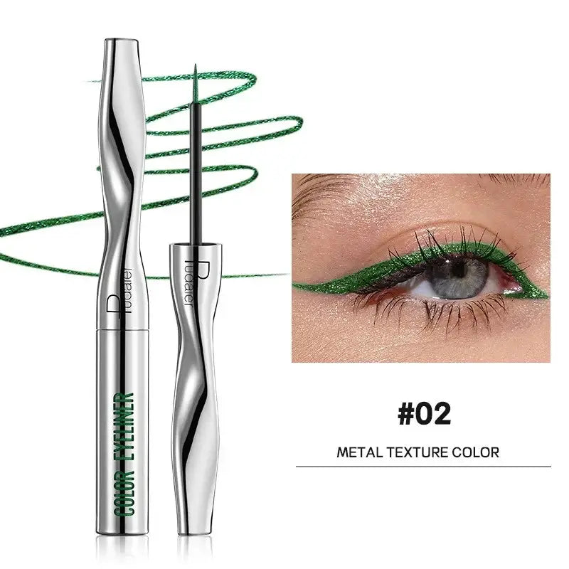 Metallic eyeliner pen with a spiral green design and accompanying eye makeup example.