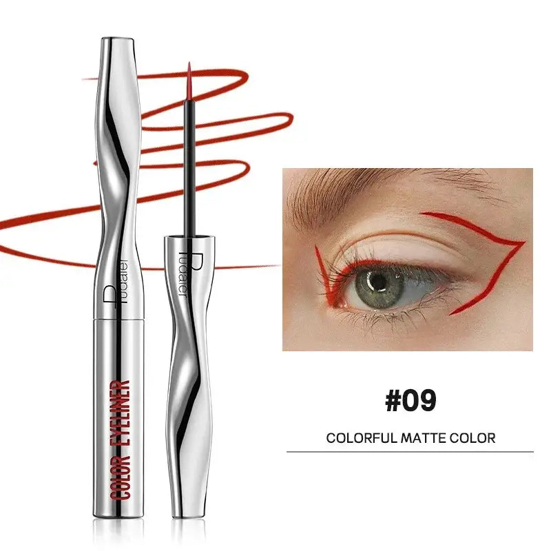 Metallic eyeliner pen with a curved, ergonomic shape and red spiral design.