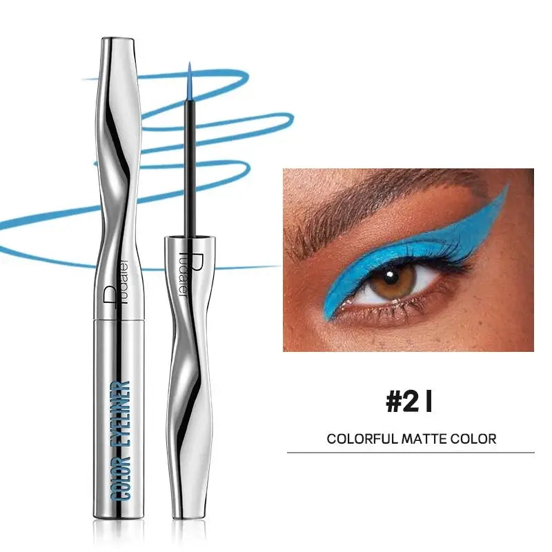 Metallic eyeliner tube with a spiral design and accompanying product image showing bright blue eye makeup.