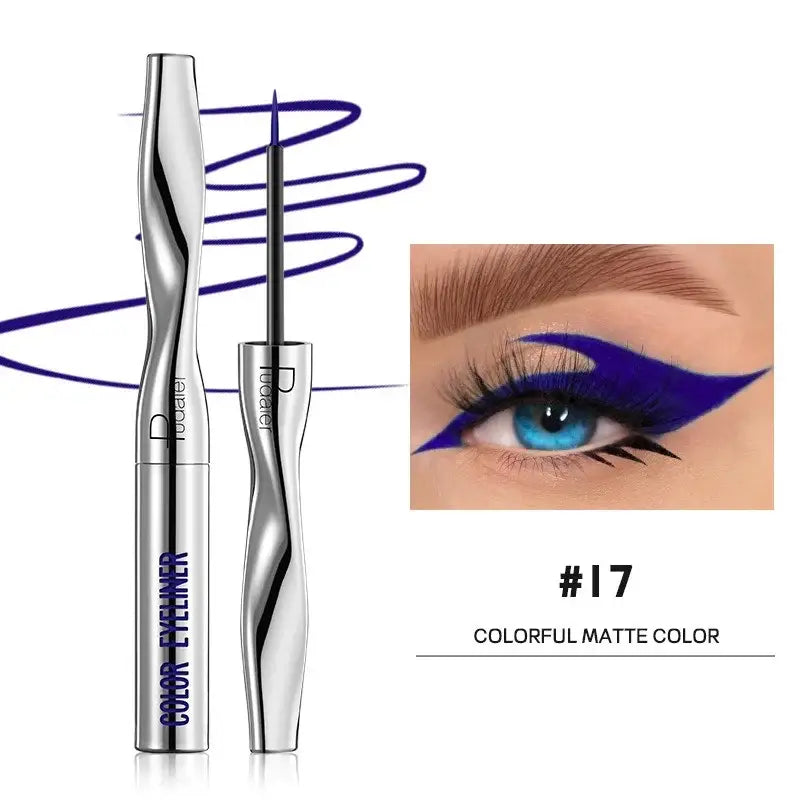 Metallic eyeliner tube with a spiral blue design and accompanying eye makeup example.